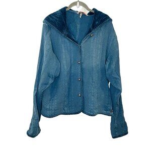 GRAMICCI Bule Hoodie Hooded Button Up Jacket Textured Waffle Velvet Mixed Media
